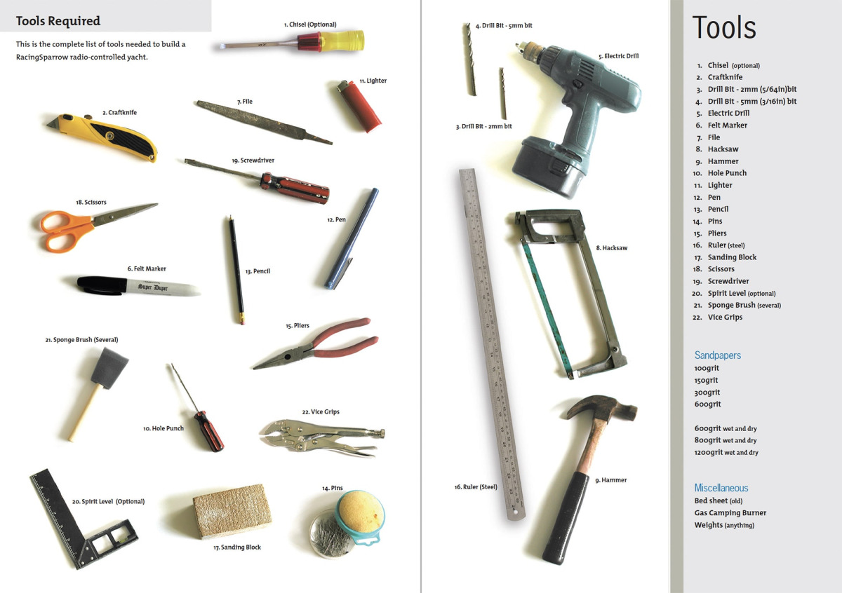 Racing Sparrow model yacht toolset showing the 20 tools spread out evenly and clearcut on white background