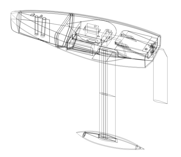 3D CAD model of the Racing Sparrow Footy V1 showing hull, keel and rudder design