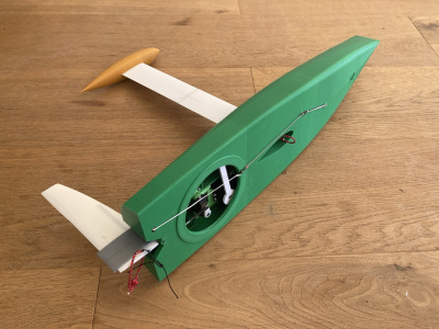 The finished hull, you can see the electrics and braid lines.