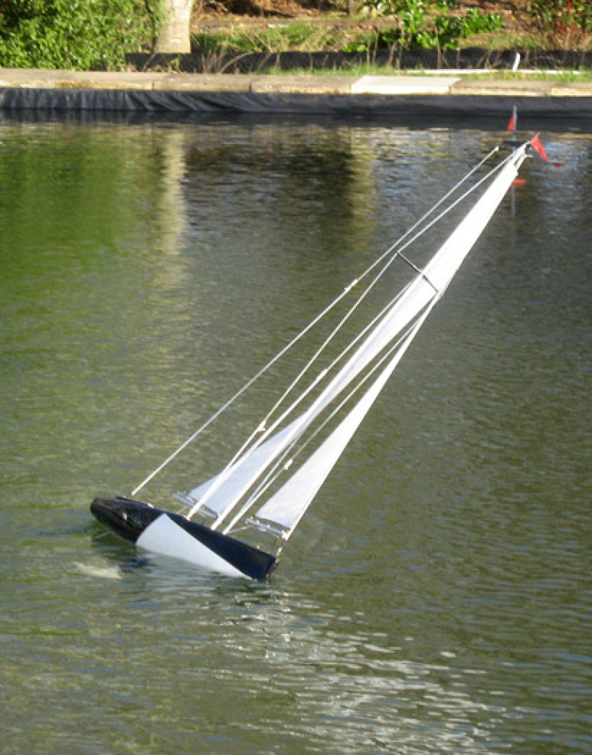 Geoff Lewis's racing sparrow sailing upwind on a greenish lake, Location: Isle of Wight